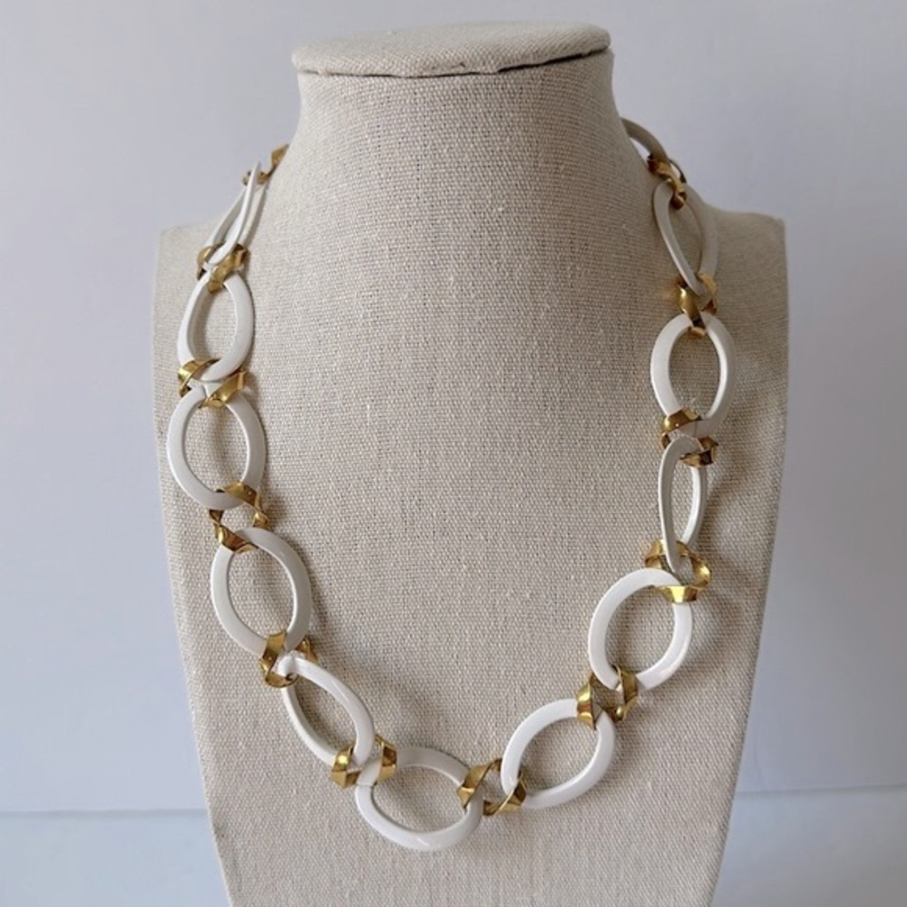 Vintage Monet White Enamel Chain Link Statement Necklace